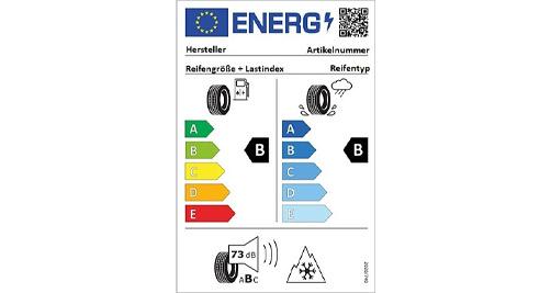 EU-Reifenlabel mit den Skalen Kraftstoffeffizienz, Nasshaftung und Rollgeräusch sowie Schneeflocken-Piktogramm