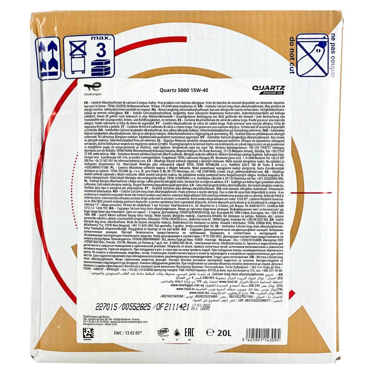 Total Quartz 5000 15W-40 20 Liter BAG-IN Box